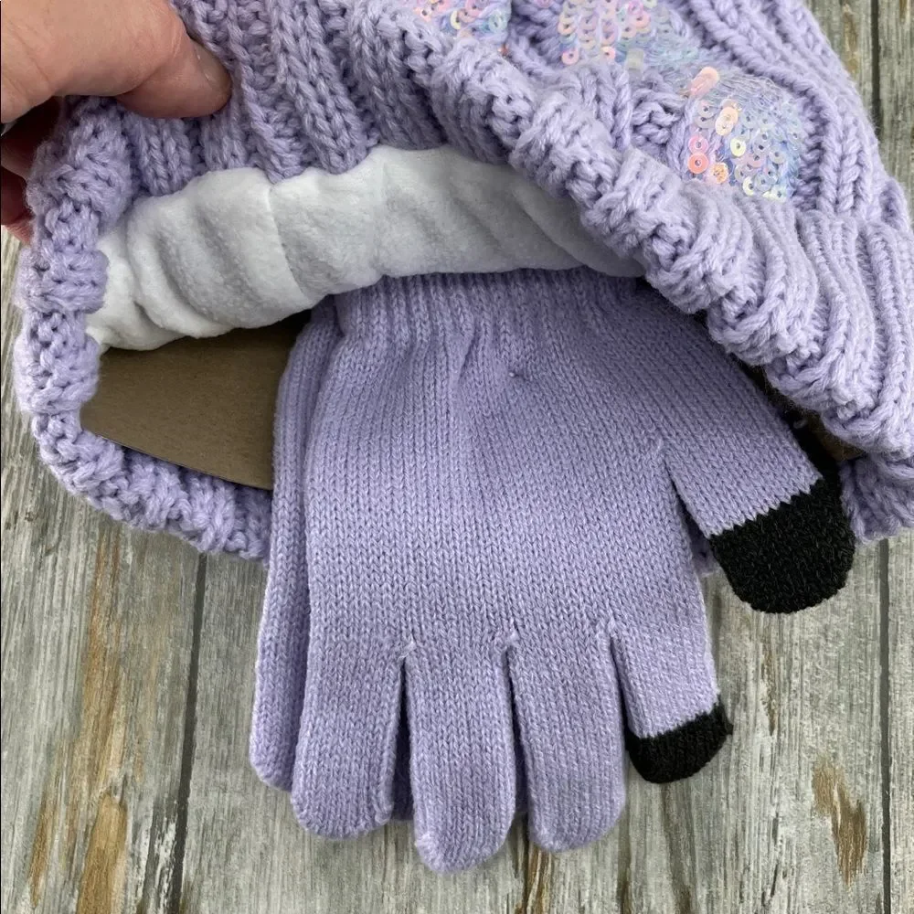 Girls Justice Sequin Cable Knit Hat and Gloves Set Pink 2-Pack